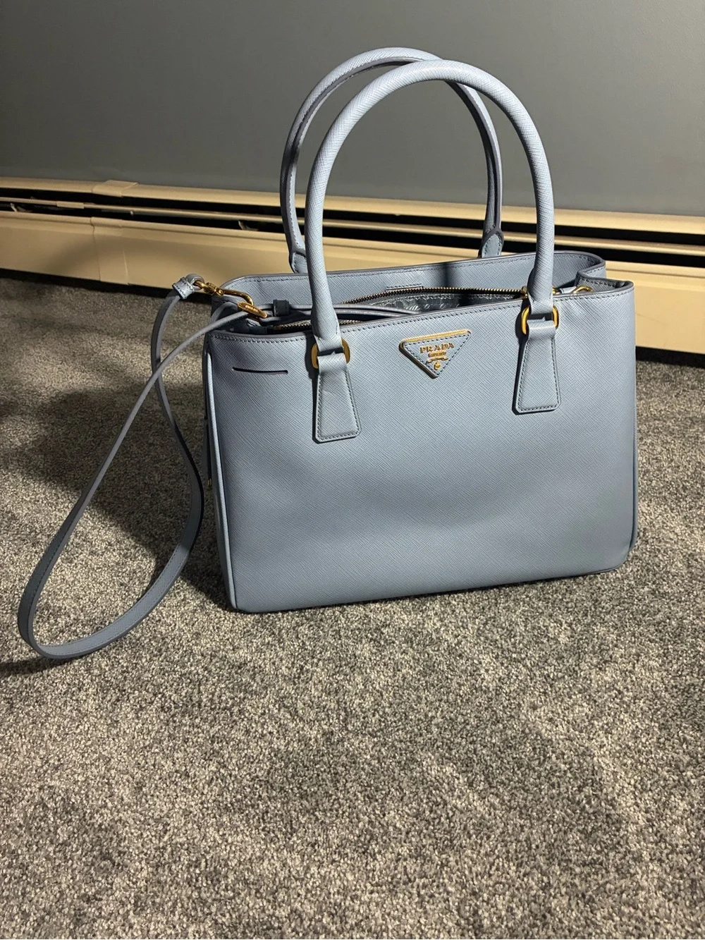 Prada Powder Blue Saffiano Leather Satchel with Gold Hardware